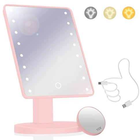Makeup Vanity Mirror with Lights and 22 LED Lighted Makeup Mirror, Detachable 10X Magnification, Adjustable Dimming Touch Sensor, Dual Power Supply, 270° Rotation, Portable Cosmetic Mirror - Pink
