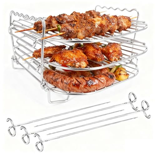VolksRose 3-Etagen Grillrost für Heißluftfritteusen mit 5 Spießen aus 304 Edelstahl, Stapelbar & Spülmaschinengeeignet Airfryer Einsatz für Kebabs und Gemüse, Abnehmbares BBQ Zubehör Air Fryers