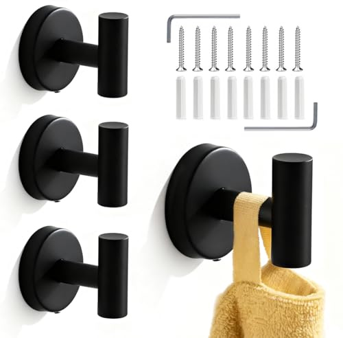 Drenky 4 Pack Bathroom Towel Hooks for Hanging Heavy Duty Matte Black Wall Hooks Screw in 304 Stainless Steel Metal Door Hook for Towel, Coat, Robe, Clothes
