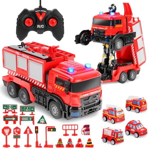 Charmofun Gros Camion Pompier avec Sonore et Lumineux, Voiture Pompiers Telecommande avec Pulvérisation d'eau, Robot Transformable Voiture Télécommandé Enfant, Cadeau Noël et Anniversaire Enfant