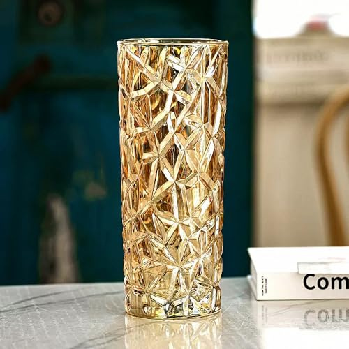 Jarrón grande de cristal con forma de flores de hielo verde de 30 cm de alto, diseño moderno de engrosamiento adecuado para decoración del hogar, centros de mesa de Navidad, regalo para madres (dorado