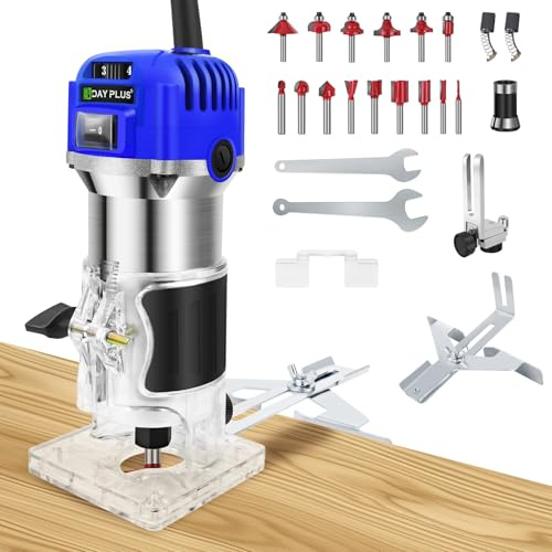 Oberfräse 800 W, 6 Geschwindigkeit, mit Trimmer Transparente Basis, 15 Stück 6,35 mm Bits Set und gerade Führung, 230V Oberflächenfräse mit 40mm Hubhöhe