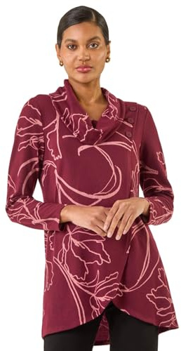 Roman Women's Cowl Neck Long Sleeve Tunic Ladies Lightweight Longline Patterned Top Blouse Snit Autumn Winter Work & Casual Smart Wear Going Out Party Loungewear - Burgundy - Size 14
