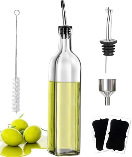 Showvigor Premium Olive Oil Bottle Glass, 500ML Vinegar Dispenser with Funnel & Name Labels | Reusable Kitchen Storage for Cooking Oil & Salad Dressing | Elegant Gift Idea