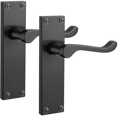 PinLin Matte Black Elegance Range Victorian Scroll Lever Latch Handles, Black Backplate Door Handles, Contemporary Design for Internal Wooden Doors