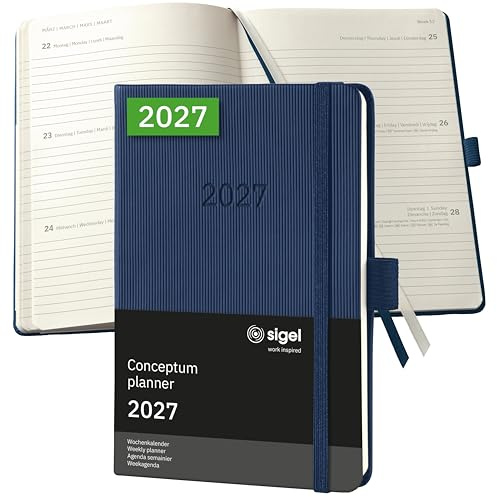 SIGEL Conceptum Wochenplaner 2027 A6 Hardcover dunkelblau | C2763, 176 Seiten, Wochenkalender mit Gummiband, Stiftschlaufe, Archivtasche, aus nachhaltigem Papier, Kalenderbuch
