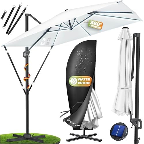 KESSER® Parasol SUN Ø 330cm inclusivo cubierta & protección contra el viento | Sombrilla de mercado inclinable grande con rotación de 360° | paraguas de jardín con manivela, UV50+