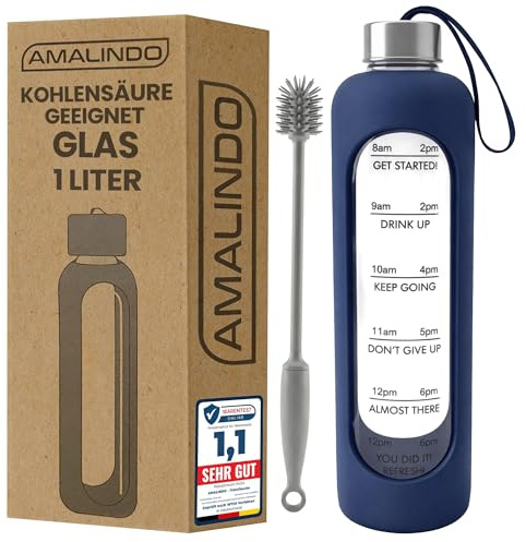 Amalindo Trinkflasche Glas 1 L aus Borosilikatglas, Marineblau | Kohlensäuregeeignet, bruchsicher, BPA-frei und spülmaschinenfest, mit Silikonhülle und Reinigungsbürste