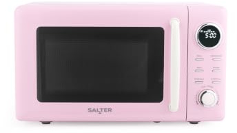 Salter Retro Digital Microwave, 20L, Pink | 800W output, 8 auto presets, 5 power levels, defrost by weight/time, 60-minute timer, 27cm glass turntable, dial controls