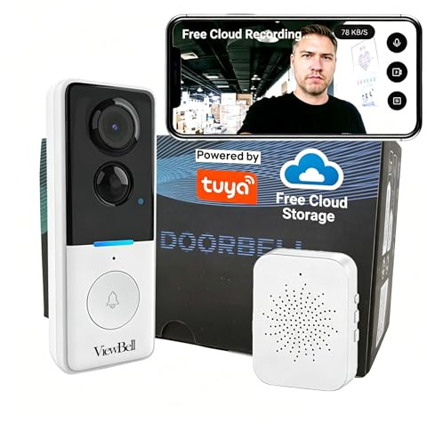 ViewBell Wireless Doorbell Camera with Lifetime Free Cloud Storage, No Subscription No Hidden Fees, AI Human Detection, 720P HD Night Vision, Two-Way Audio, Battery Powered, Tuya Smart APP (White)