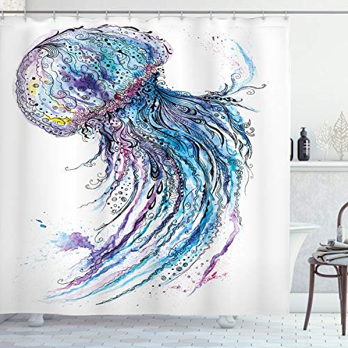 ABAKUHAUS Qualle Duschvorhang, Aqua Farben kreativ, mit 12 Ringe Set Stielvoll Modern, 175x200 cm, Weiß Blau Lila