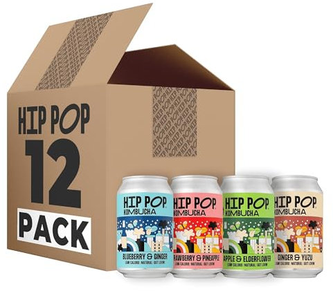 Hip Pop Kombucha, Low Calorie, 100% Natural, Vegan, Mixed Flavour Case, Branding of Cans May Vary, 12 x 330 ml