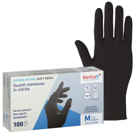 Bericah,Derma Nytril Soft Nero, Guanti in Nitrile, Senza Polvere, Taglia M,100 Pezzi