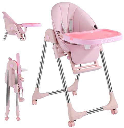 OUNUO Trona para Bebe Evolutiva, Trona para bebés Plegable con bandeja extraíble, Tronas bebe Ajustable 5 Alturas, 4 ruedas, Rosa