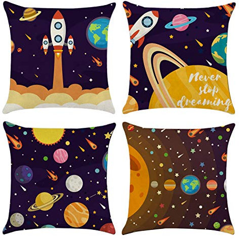 GLOBLELAND Space Planet Kissenbezüge 45x45cm 4er Set Sonnensystem Universe Planet Image Decor Cartoon Weltraum-Kissenbezüge Kissenbezug Für Wohnkultur Sofa Schlafzimmer