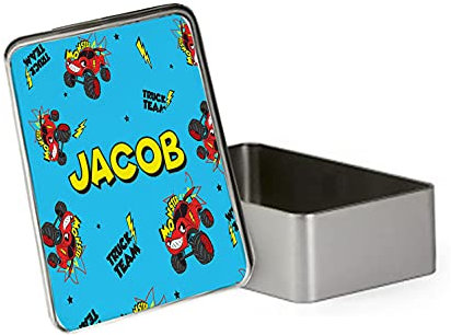 Personalised Funny Monster Truck Gift for Kids-Boys Toddlers Birthday BACK TO SCHOOL Portable Metal Tin Storage Box Biscuit Chocolate Tin Emergency Stuff Tin. (Rectangular)