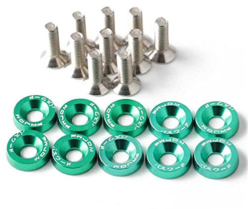 ihreesy Aluminium Unterlegscheiben Schrauben,10 Stück M6 Auto Stoßfänger Unterlegscheibe Kotflügel Unterlegscheibe Schraube für Vorne Hinten Nummernschild Rahmenschraube,Grün