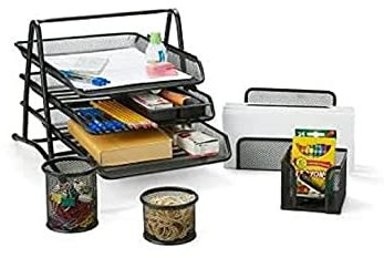 raxter Office Desk Set 5 Pieces Organiser Tidy 3 Tier Letter/Filing/Paper Tray, Pencil Cup, Letter Shelf, File, Clip & Memo Holder (Black)