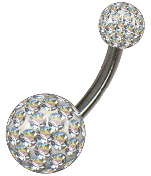 Generisch TITAN G23 Bauchnabelpiercing EPOXY-Kugel FERIDO EPOXYD-HARZ MULTI-KRISTALL Banane Bananabell Piercing Bauch Chirurgen-Stahl 316L Edelstahl (1.6 x 12mm, Stahl Silber, Ball Aurora Borealis)