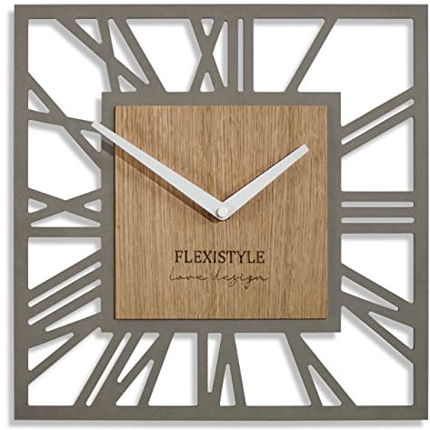 FLEXISTYLE Wanduhr ohne tickgeräusche modern LOFT Piccolo Square 30cm Wohnzimmer Badezimmer (Grau Eiche), z219n