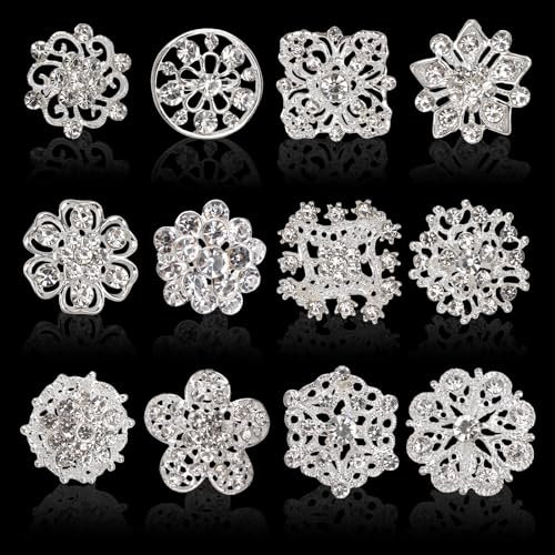 URROMA Lot de 12 broches en forme de fleur avec strass et strass - Pour bouquet de fleurs - Plaqué blanc