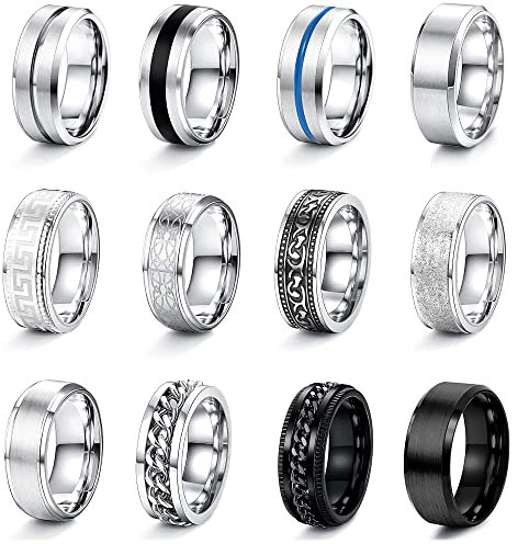 JeweBella 12Stück Edelstahl Ringe Set für Herren - Silber Poliert, Keltischer Knoten, Vintage Biker, Schwarz Kette, Wikinger Gothic - Verlobung Freundschaftsringe für Männer