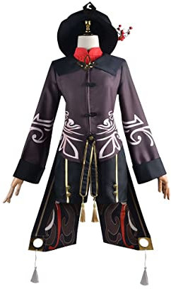 Hu Tao Cosplay Kostüm Anime Kleid mit Hut Full Set Halloween Party Rollenspielkleid,Set-3XL
