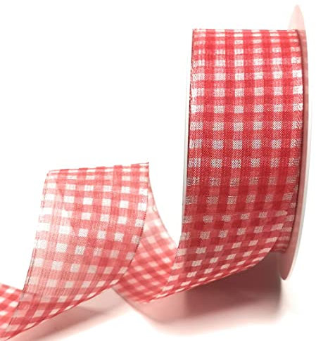 s.dekoda Schleifenband 20m x 40mm Rot - Weiß Karoband Organza kariert Vichykaro Dekoband mit Draht [9103]