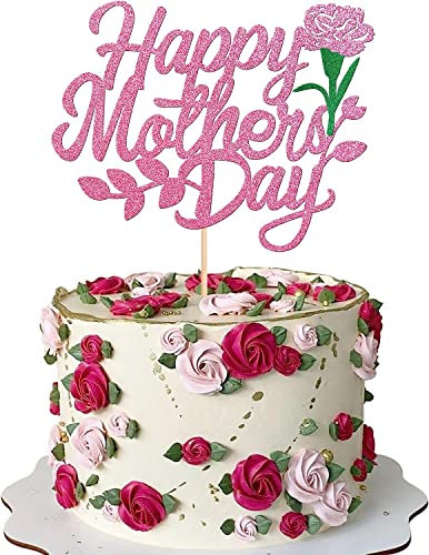 1 Stück Happy Mother's Day Tortendeko Glitzer Herz Liebe dich Mama Cake Topper Kuchen Deko für Mother's Day Party Rose Flower Mom Cake Decoration Rosa