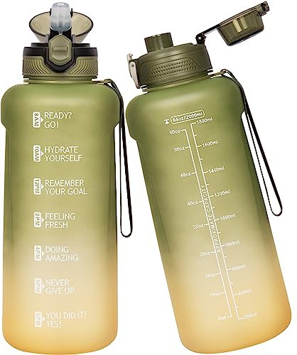 Seekua Sport Tritan Trinkflasche 0.6l / 1l / 2l mit Strohhalm & Zeitmarkierung, Große Wasserflasche mit Uhrzeit BPA-frei Motivierende Sportflasche für Fitness & Gym, 2 Deckel, 2 liter