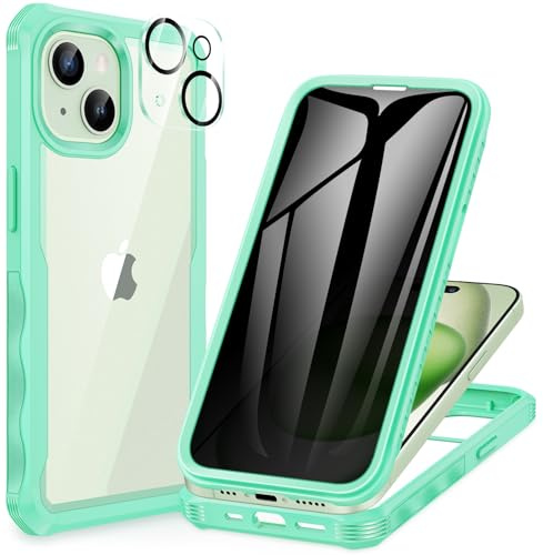 CENHUFO Sichtschutz Hülle für iPhone 15, mit Eingebautem Privacy Panzerglas Displayschutz und Kameraschutzfolie 360 Grad Handyhülle Schutzhülle Stoßfest Bumper AntiSpy Cover komplett Case - Grün