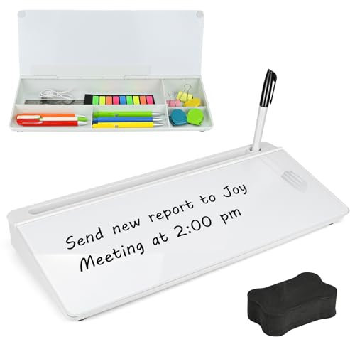 Desktop Glass Whiteboard, Dry Erase Desk Organizer, Small Desktop Memo Note Board, Keyboard Whiteboard Stand with Hidden Compartment and Device Slots for Office Accessories, Home, School Supplies