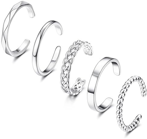 Adramata 5 Stück Ringe Set für Frauen - 14 Karat Vergoldete Knöchel Ringe für Damen, Stapelbare Silber/Gold, Einfache Plain Band, Verstellbare, S