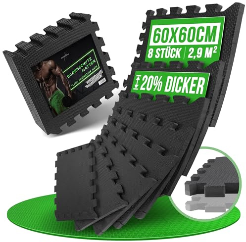 AthleticPro Golvskyddsmatta fitness [60 x 60 cm] – 8 extra tjocka golvmattor [20 % mer skydd] – halkfria skyddsmattor för gym och träningsutrustning
