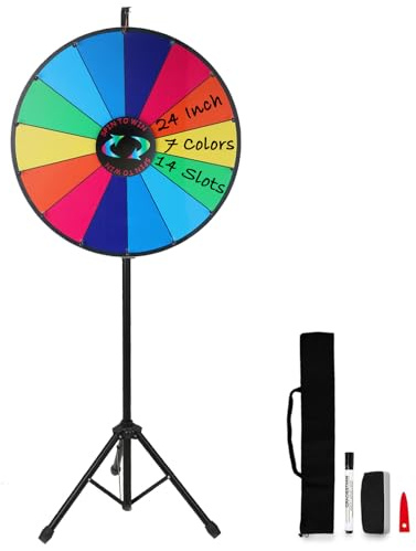 iElyiEsy 61.0 cm Spinnrad des Glücks mit klappbarem Stativ Bodenständer Höhenverstellbar 14 Slots Preisrad mit trocken abwischbaren Markern & Radiergummi für Karneval Messe