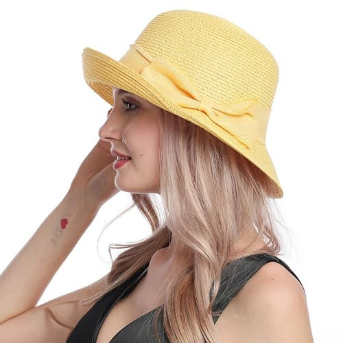 Strohhut Damen Fedora Trilby Hüte Sommerhut Sonnenhut Faltbarer Panama Hut Sonnenschutz Sommerhut Verstellbare Strohhut (DE/NL/SE/PL, Alphanumerisch, Einheitsgröße, Gelb)