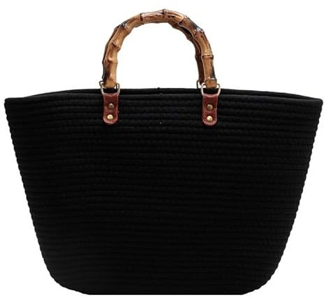 DUOMIYX Strohtaschen Frauen Retro Bambus Griff Stroh Handtasche Große Kapazität Sommer Strand Tasche-Schwarz-37 * 26 * 11Cm