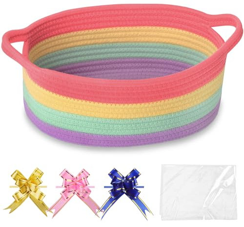 COMSE Small Woven Basket with Gift Bags and Ribbons, Gift Basket Empty, Nursery Organisers Storage for Baby Toy, Cotton Rope, 30.5 x 20 x 13 CM, Rainbow