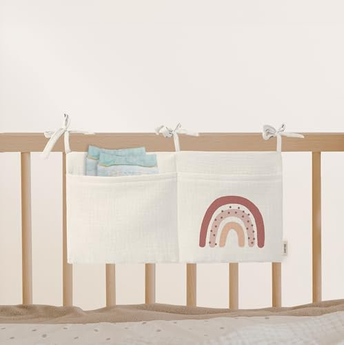 Babybett Aufbewahrungstasche aus 100% Baumwolle Musselin, für das Beistellbett, Babybett, Kinderbett. Ideal zum Verstauen von Windeln, Schnullern (Lovely Rainbow Cream)