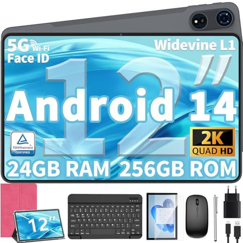 Tablet 12 Zoll Android 14 Tablet, 24GB(8+16)RAM+256 Storage(Expand to 1TB), Android Tablet mit Tastatur, Octa-Core, 2K 2000x1200 Display, 16MP Dual Kamera, 8000mAh, 5G WiFi,GPS,Bluetooth 5.0(Rosa)