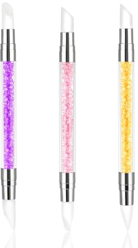 3 Pcs Nail Art Sculpture Pen, Dual Tipped Silicone Nail Tools, Silicone Head Acrylic Handle Nail Art Brushes, Rhinestone Nail Polish Carving Pen, Nail Art Tools for Home Salon(Yellow, Pink, Purple)