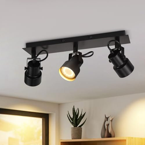 CBJKTX Deckenstrahler 3 Flammig Deckenspot Schwarz - Vintage Deckenleuchte Schwenkbar Industrial Deckenlampe GU10 350° Strahler Spots Küchenlampe für Wohnzimmer Küche Flur (Ohne Leuchtmittel)