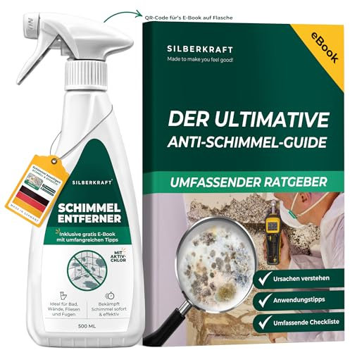 Silberkraft Schimmelentferner mit Aktiv-Chlor 500 ml - Stark gegen Schimmel & Stockflecken, Sofort- & Langzeitschutz für Bad, Dusche, Fliesen, Fugen & Wände + Gratis E-Book per QR-Code