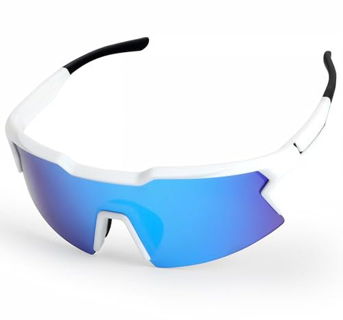 UVTQSSP TR90 Sportbrille Fahrradbrille Herren Damen, UV400 Schutz Sport Sonnenbrille, HD Ansicht ultraleicht Laufbrille für MTB Rennrad Radfahren Laufen, Weißer Rahmen/Blaue Linse