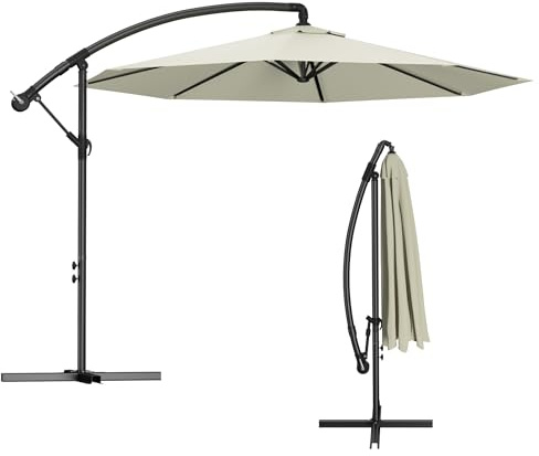 XMTECH Sonnenschirm Ampelschirm Ø350 cm mit Kurbel, UV-beständig & wasserabweisend, Gartenschirm mit stabilem Kreuzfuß, Kurbelschirm Marktschirm für Terrasse & Garten, Beige ohne LED