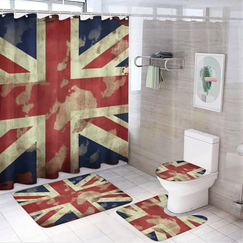 peiyeety 4-teiliges Badezimmer-Duschvorhang-Set mit britischem Union Jack-Aufdruck, mit rutschfesten Teppichen, inkl. 12 Haken, Badematte, ovalem Toilettendeckel-Teppich