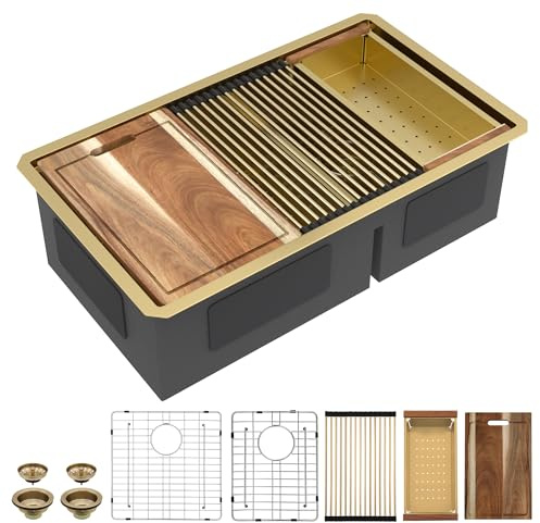 Fulorni 36x19 Undermount Double Bowl Kitchen Sink Workstation - Brushed Gold Nano-PVD, 16 Gauge 304 Stainless Steel, Under Counter Low Divide 60/40 Split Basin for Kitchen