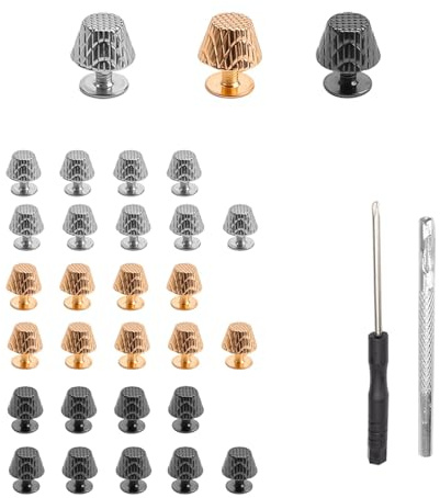 HASLED 30 Stück Taschenfüße aus Zinklegierung | 10mm Flachkopf-Bodennieten | 3 Farben (Silber/Gold/Gun-Metallic) | Inkl. Lederlocher & Schraubendreher | Für Taschen & Lederwaren