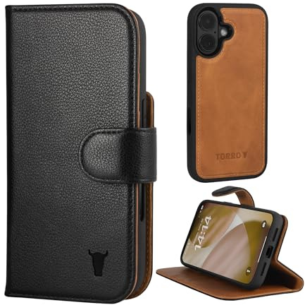 TORRO Leather Case Compatible with iPhone 17 6.3” 2025 – Leather Bumper Case with Detachable Wallet Cover with Stand and Card Slots (Compatible with Official MagSafe Chargers) - Black