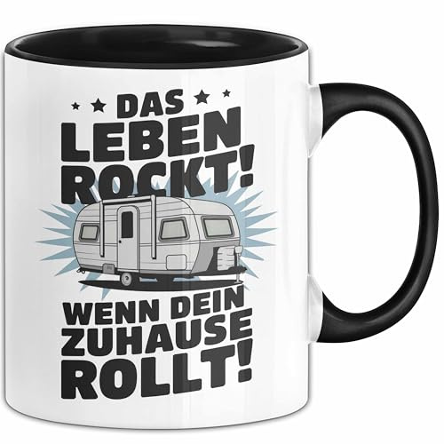 Wohnwagen Camper Tasse Geschenk Lustige Geschenkidee Spruch Leben Rockt Wenn Zuhause Rollt (Schwarz)